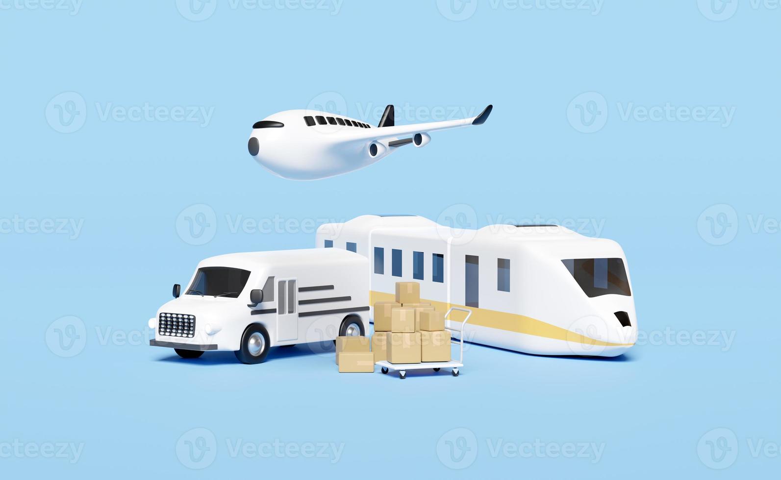 3d worldwide shipping with delivery van, plane, sky train transport isolated on blue background. service, transportation, air cargo trucking, railway shipping, land transport concept, 3d render photo