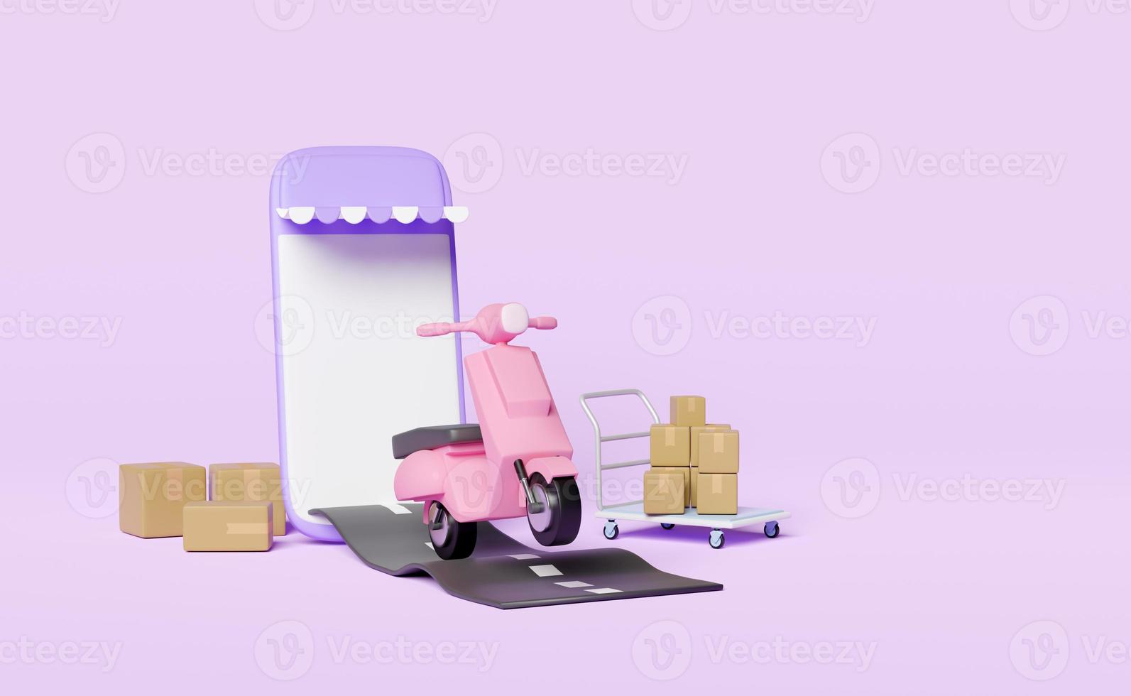 3d scooter on street with open goods cardboard box, mobile phone, smartphone, platform trolley isolated on pink background. fast delivery concept, 3d render illustration photo