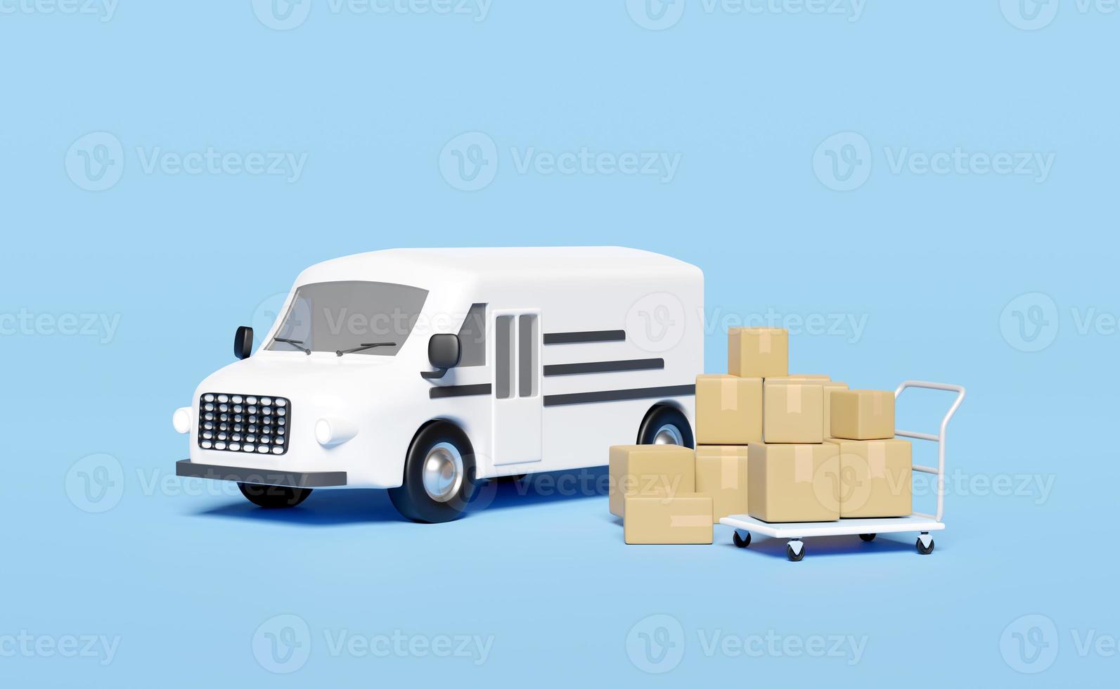 3d delivery van, white truck with packaging, goods cardboard box, platform trolley isolated on blue background. service, transportation, shipping concept, 3d render illustration photo