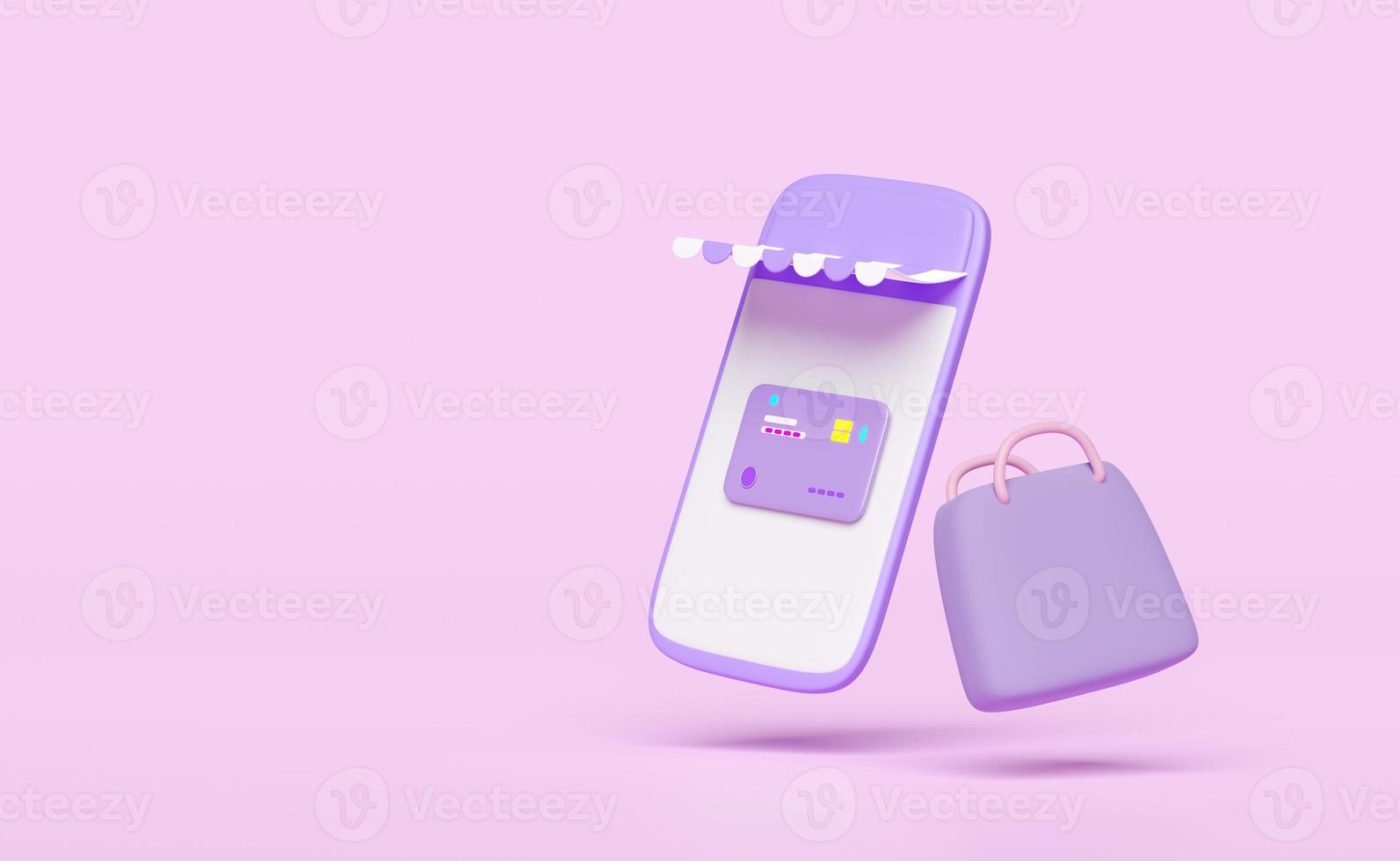 3d mobile phone or purple smartphone with store front, paper bags, credit card isolated on pink background. online shopping concept, 3d render illustration photo