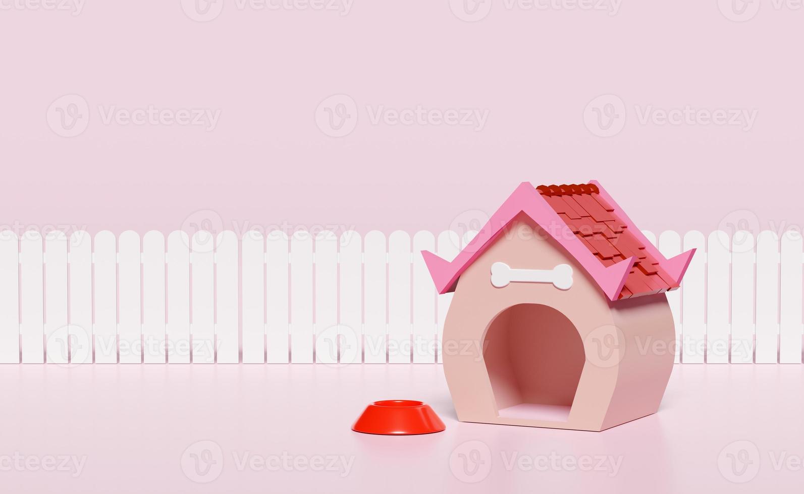 Casa de perro 3d y símbolo de hueso, caricatura de perrera de mascotas vacía, valla, aislada en fondo rosa. ilustración de procesamiento 3d foto