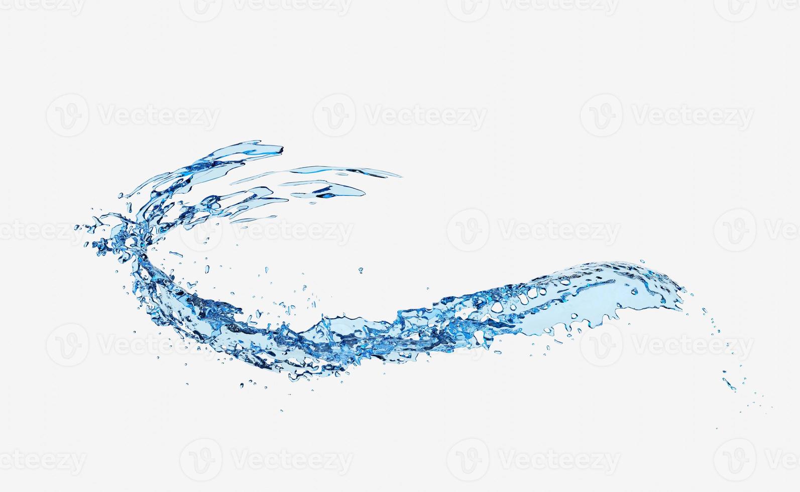 Agua azul clara 3d esparcida alrededor, salpicaduras de agua transparentes, aisladas en fondo blanco. ilustración de procesamiento 3d foto