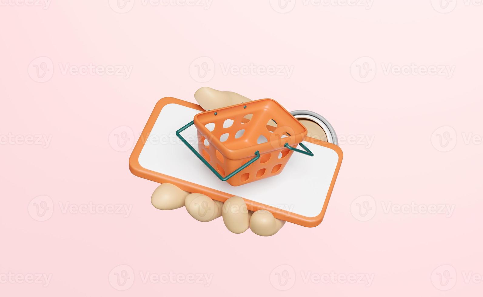 3d hand holding smartphone with orange basket isolated on pink background. hand using mobile phone, online shopping, minimal concept, 3d render illustration photo