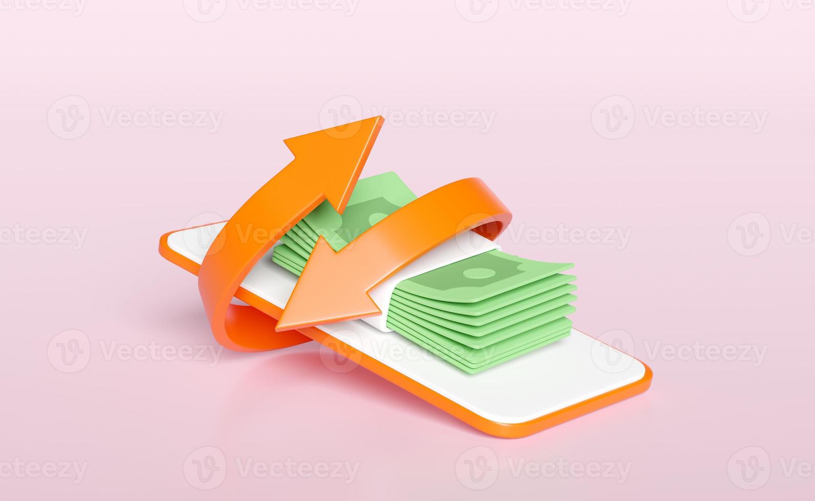 3d mobile phone, orange smartphone with money banknote, stack isolated on pink background. transfer arrows, cashback, saving money wealth business, cashback money refund concept,3d render illustration photo