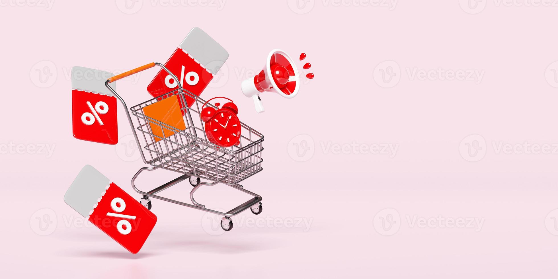 announce promotion news with shopping cart, clock alarm megaphone, discount sales isolated on pink. price tags coupon,  last minute offer, flat sales shopping concept, 3d render, clipping path photo