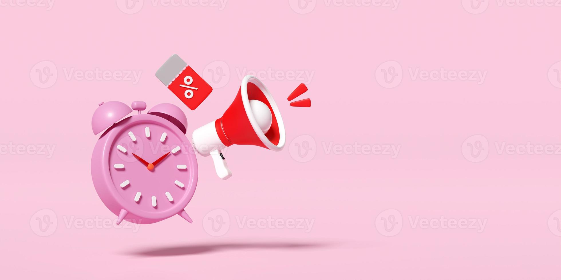 clock alarm with megaphone, discount sales isolated on pink. price tags coupon, announce promotion news, last minute offer, flat sales shopping concept, 3d render illustration, clipping path photo