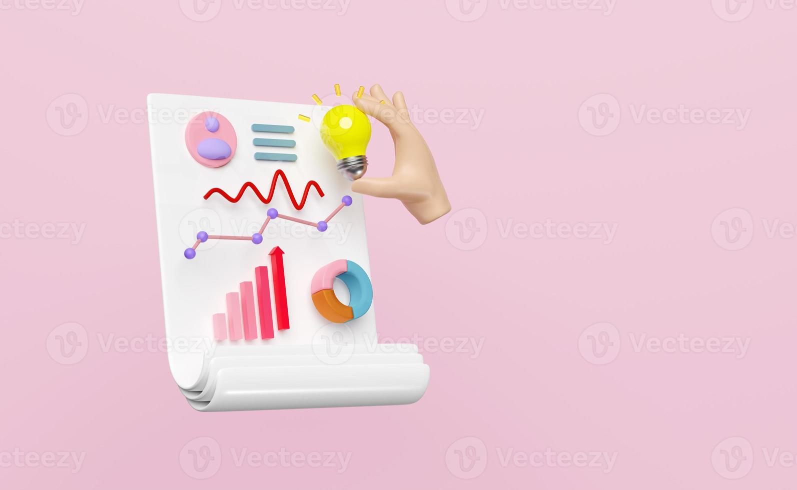 Lista de verificación 3d con bombilla, gráficos, datos financieros comerciales de análisis gráfico aislados en fondo rosa. estrategia empresarial, evaluar el rendimiento, sugerencia de idea, ilustración de representación 3d, ruta de recorte foto