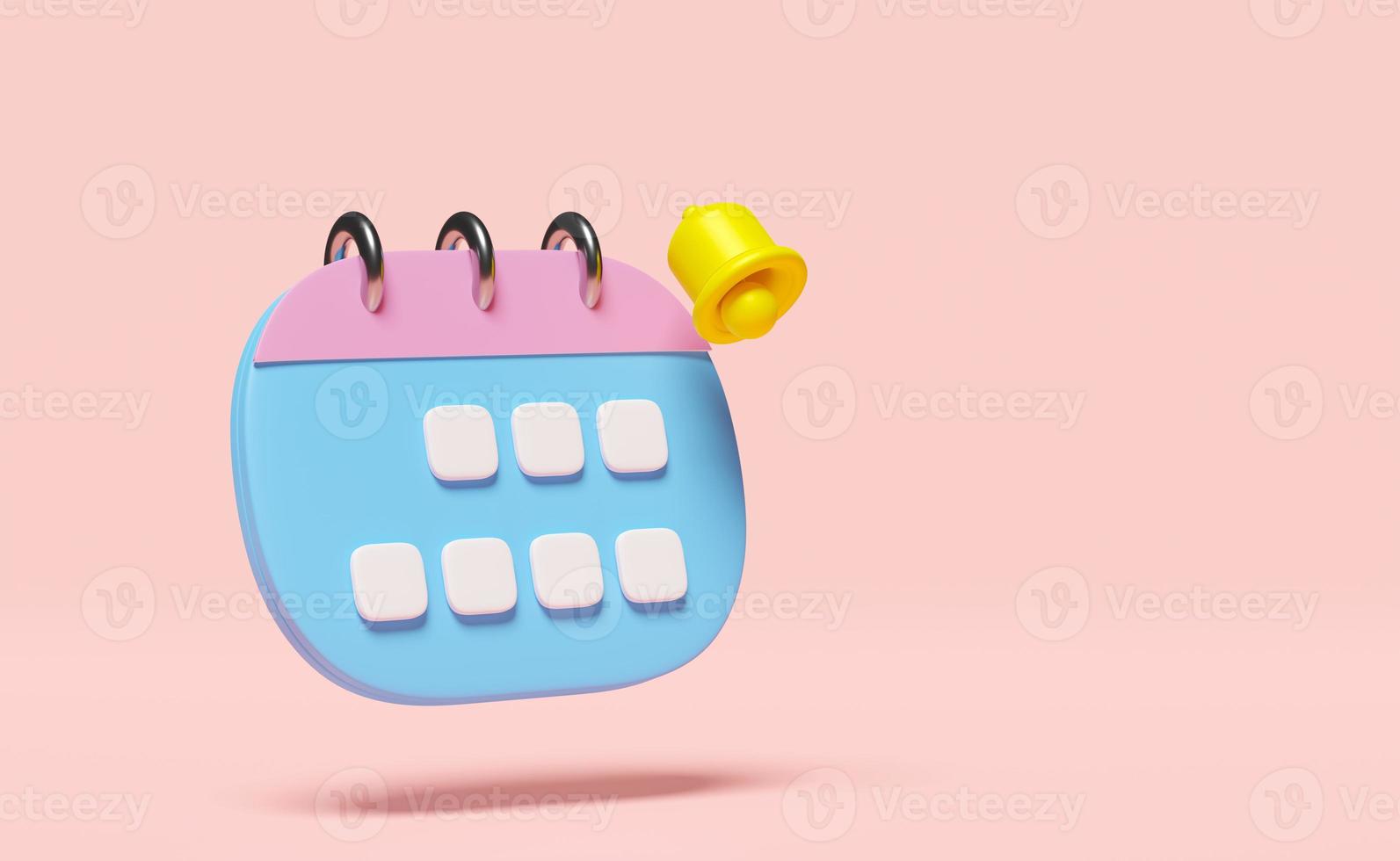 3d calendar for marked date with notification bell  isolated on pink background. schedule appointment concept, 3d render illustration, clipping path photo