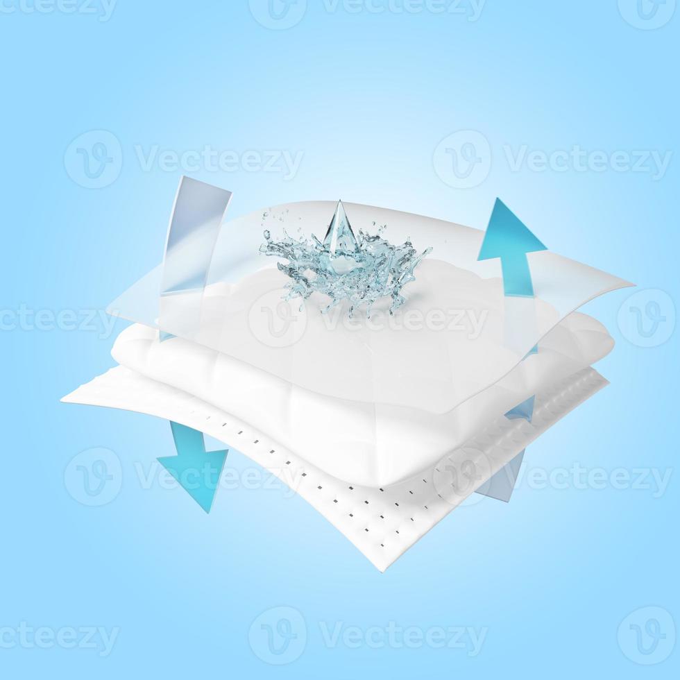 3d ventilate shows water splash transparent for diapers, synthetic fiber hair absorbent layer with sanitary napkin, transparent film baby diaper adult concept, isolated on blue background. 3d render photo