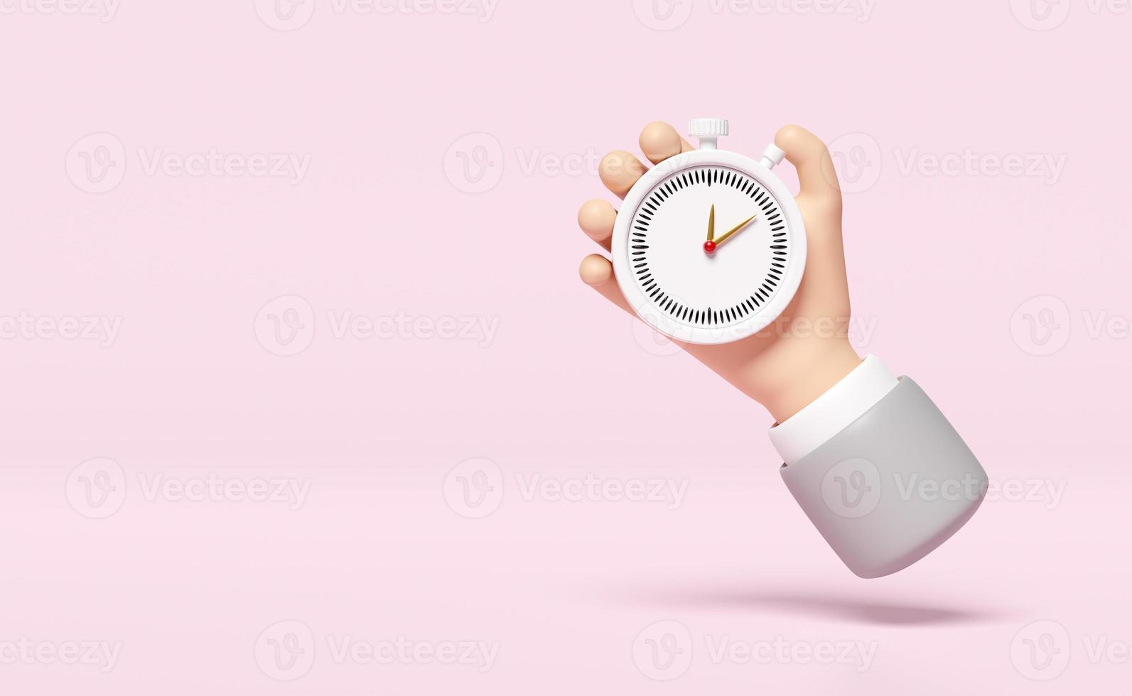 businessman timing success with white stopwatch in hand isolated on pink background. 3d render illustration, clipping path photo