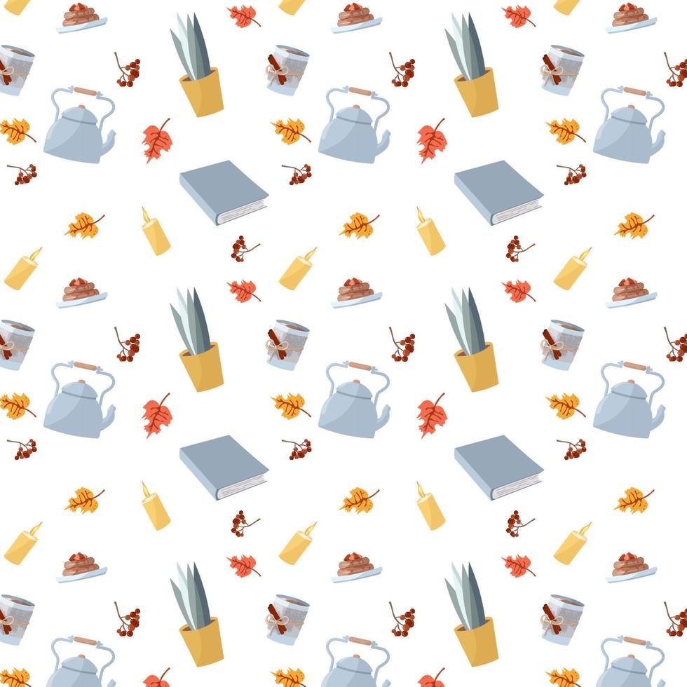 Cute and cozy seamless pattern of interior items, tableware, food, autumn leaves and berries, cozy autumn season in the style of hugge. vector