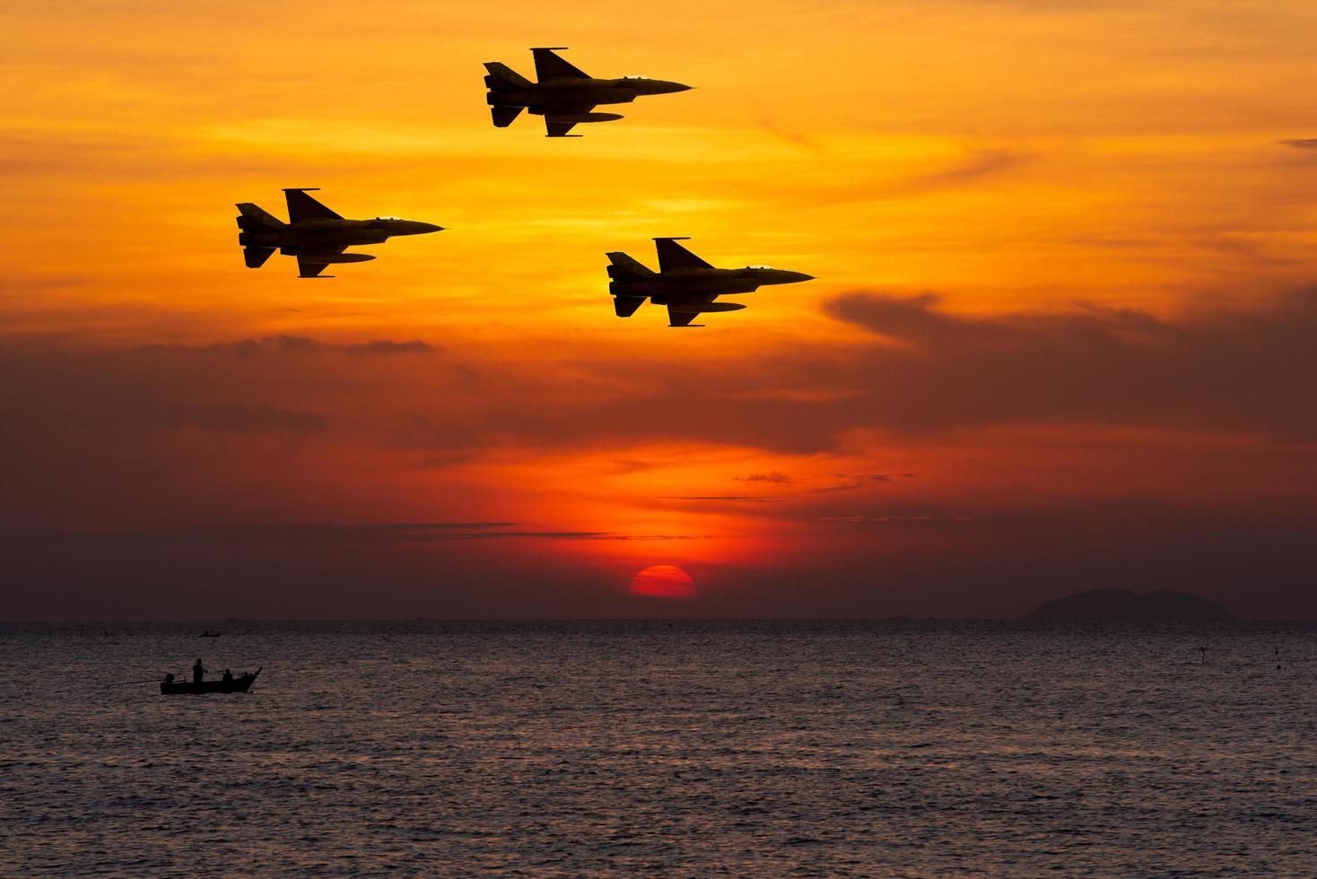 Silhouette airplane with beautiful colorful sunset sky background. photo