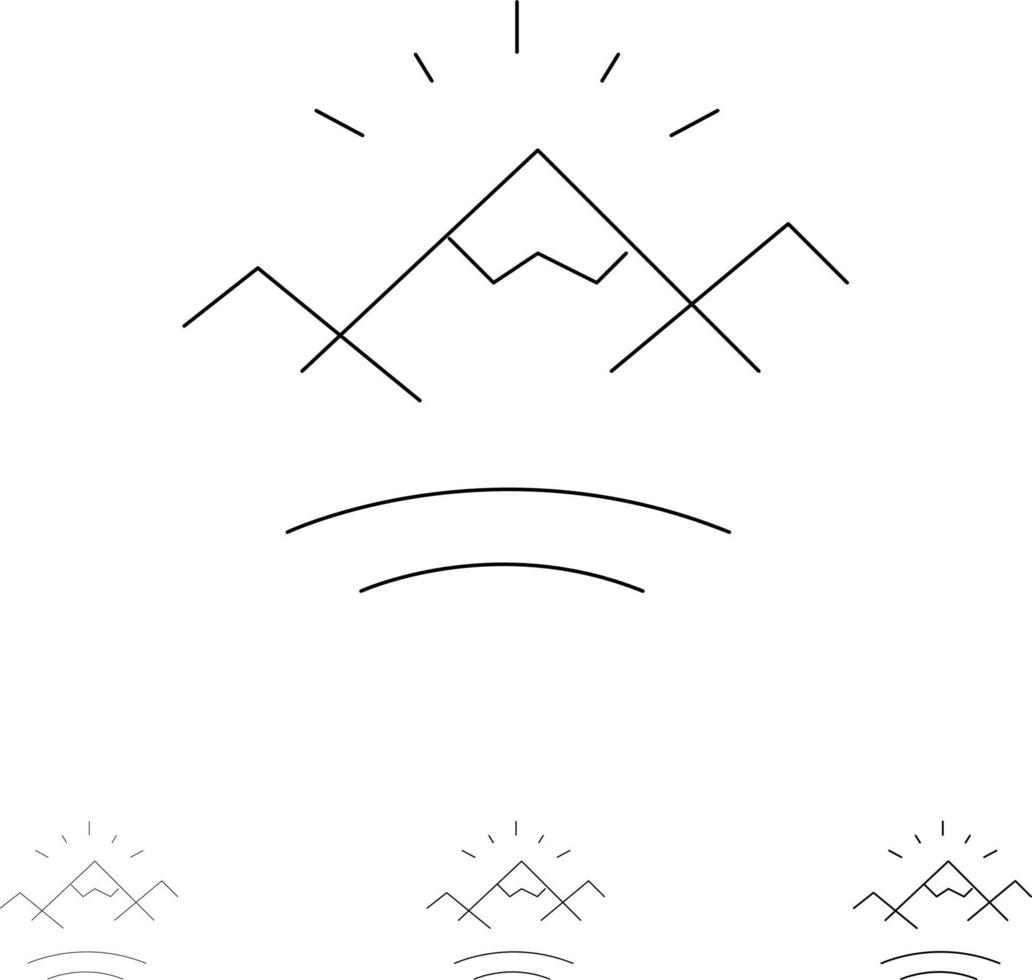 Mountains River Sun Canada Bold and thin black line icon set vector