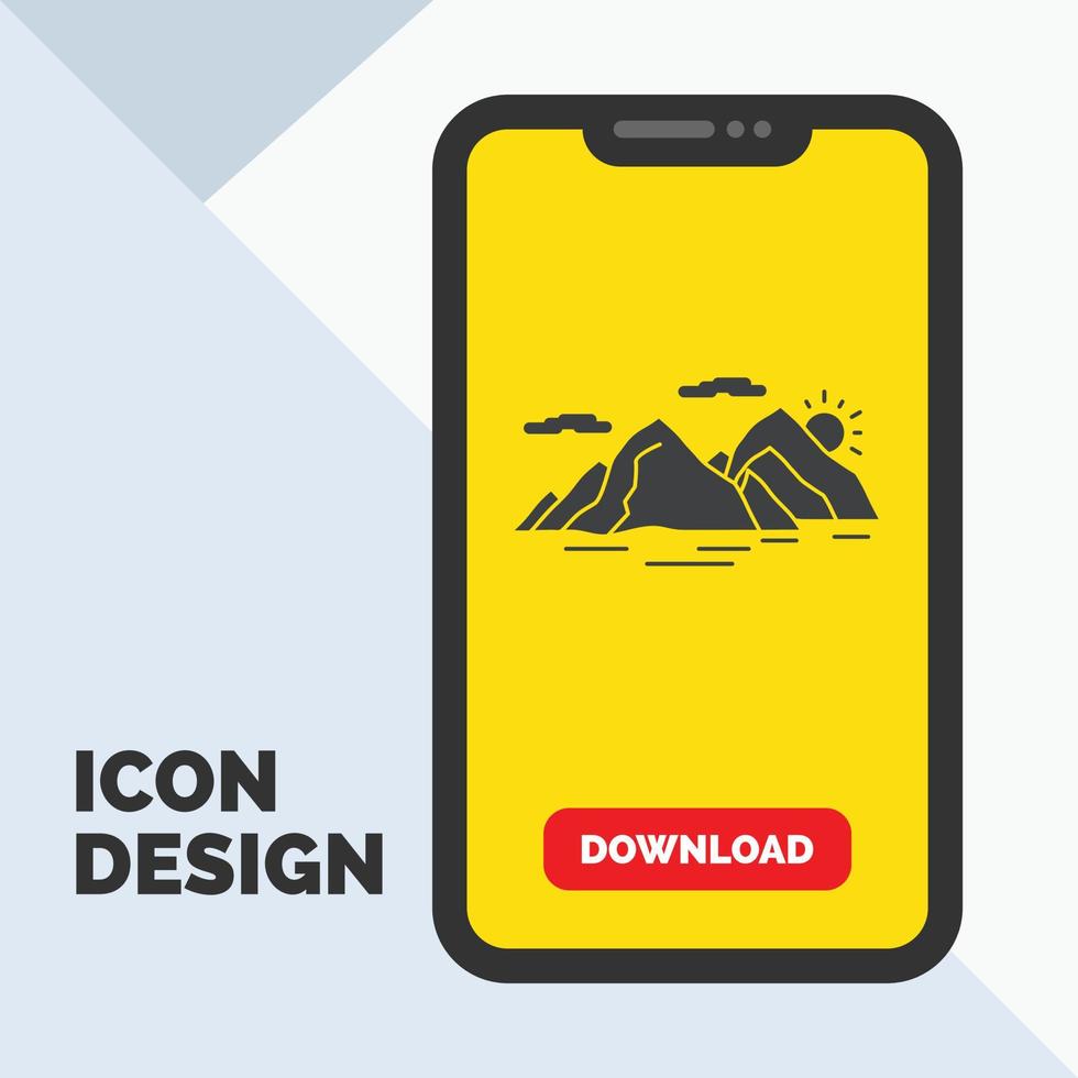 montaña. Cerro. paisaje. naturaleza. icono de glifo vespertino en el móvil para la página de descarga. fondo amarillo vector