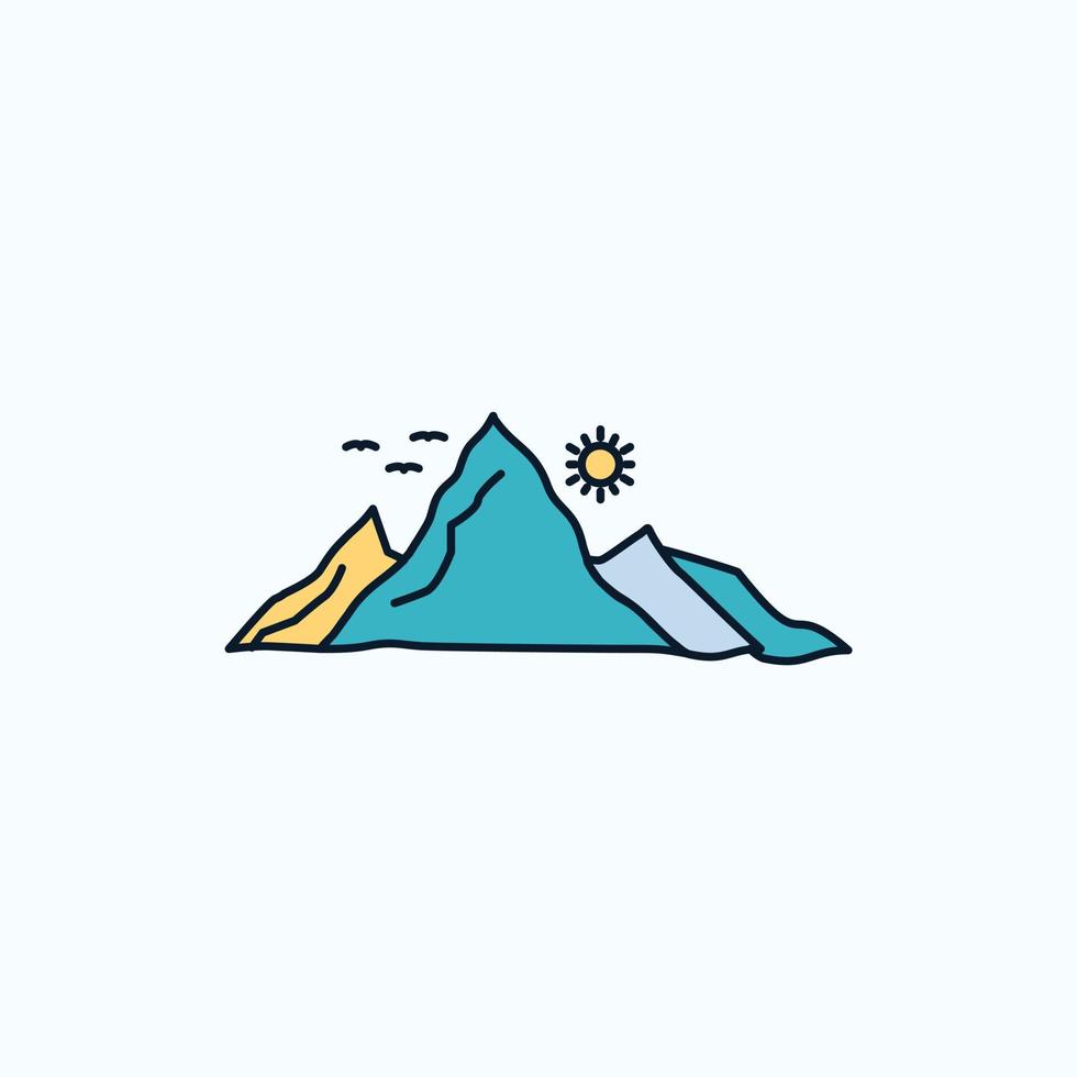 mountain. landscape. hill. nature. sun Flat Icon. green and Yellow sign and symbols for website and Mobile appliation. vector illustration