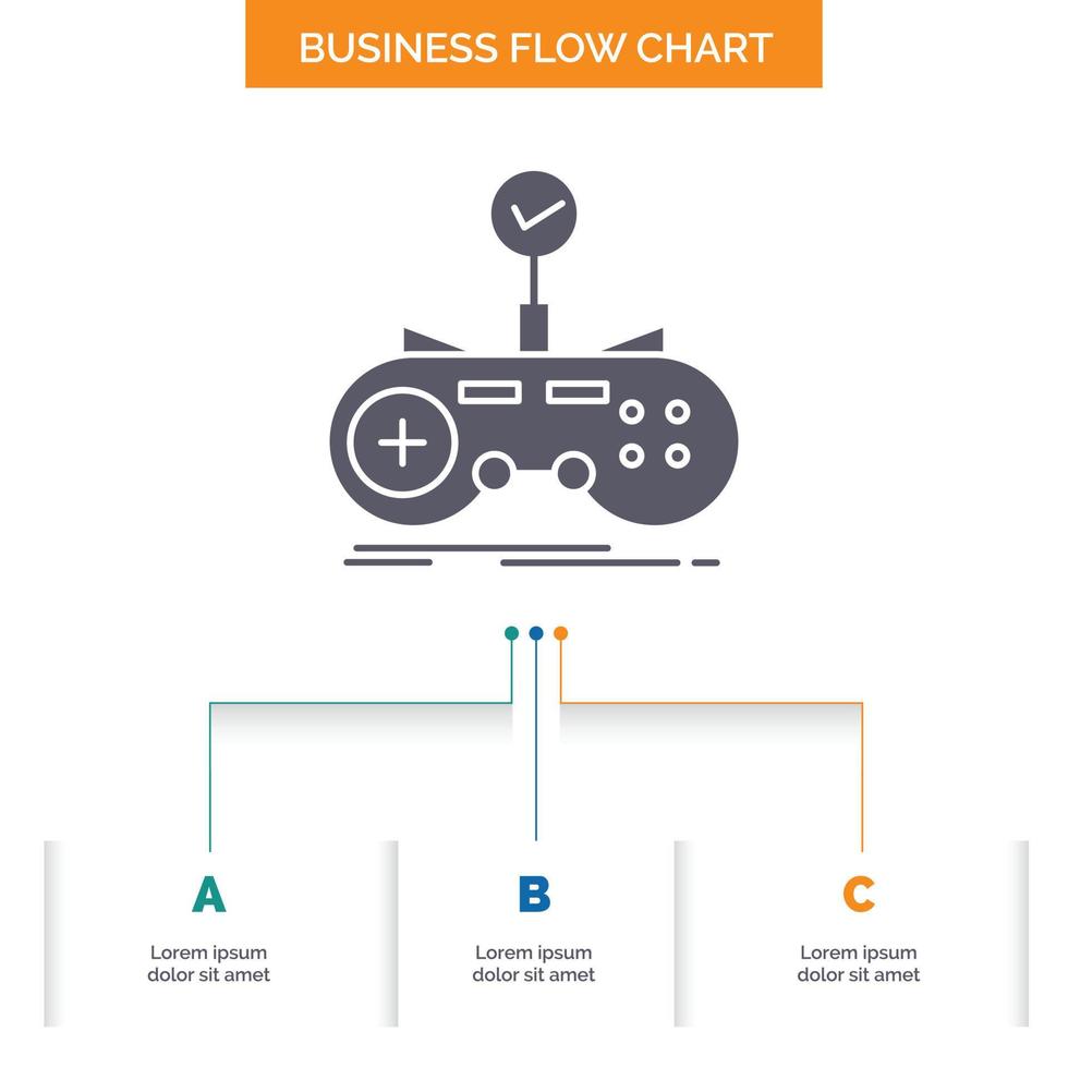 Check. controller. game. gamepad. gaming Business Flow Chart Design with 3 Steps. Glyph Icon For Presentation Background Template Place for text. vector
