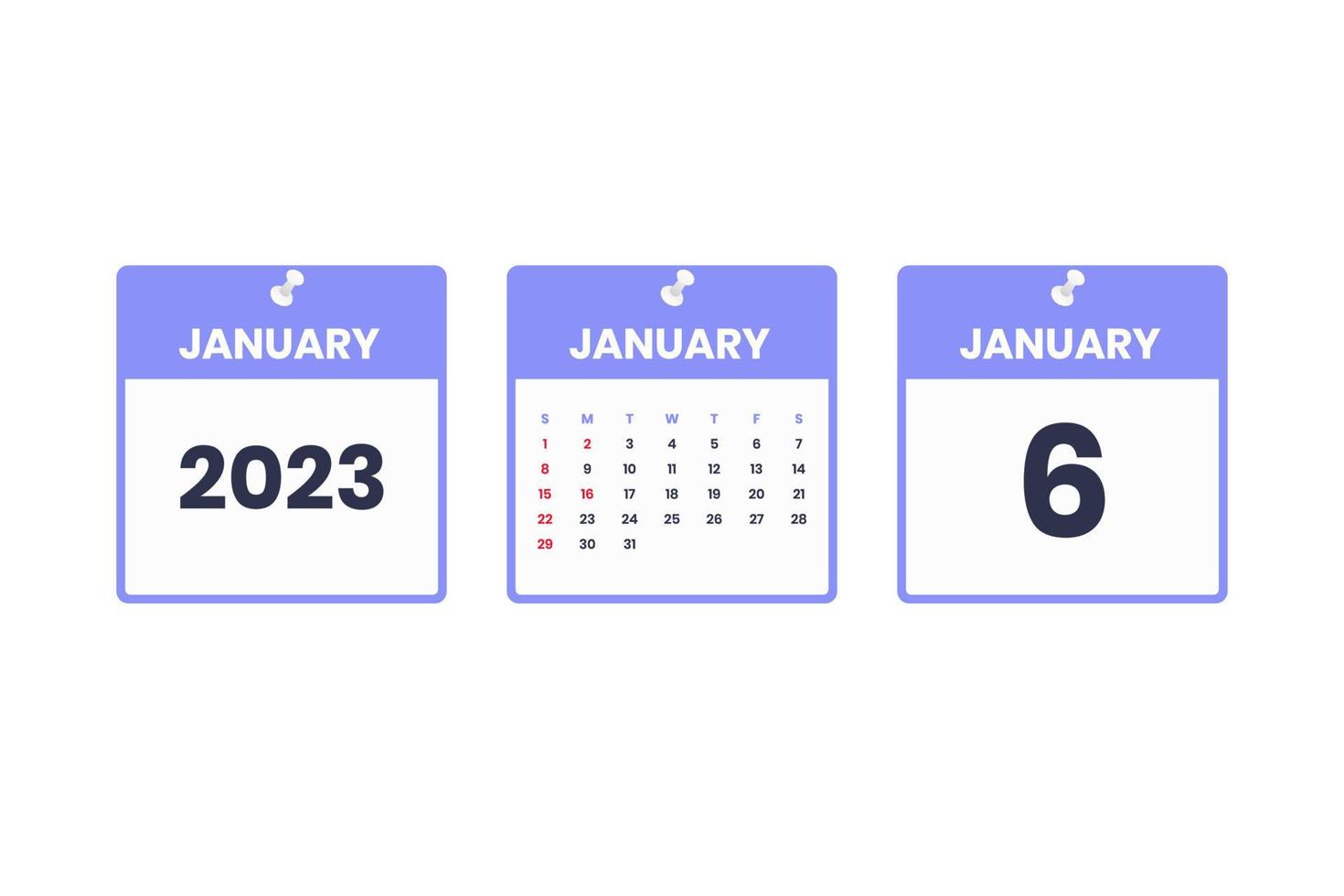 January calendar design. January 6 2023 calendar icon for schedule, appointment, important date concept vector