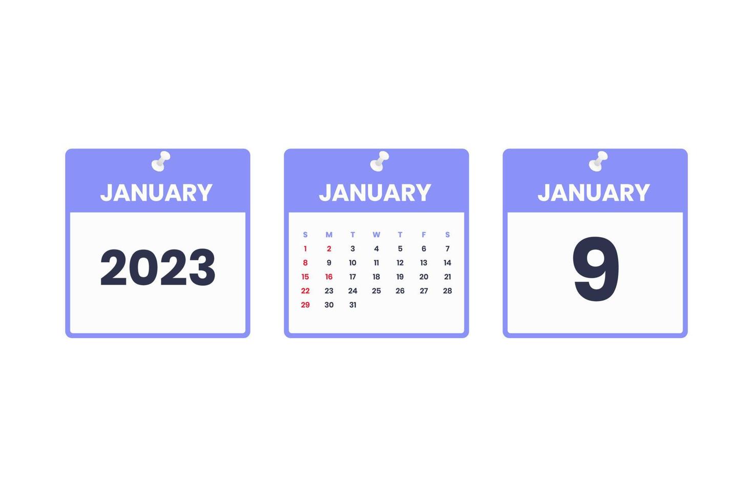 January calendar design. January 9 2023 calendar icon for schedule, appointment, important date concept vector