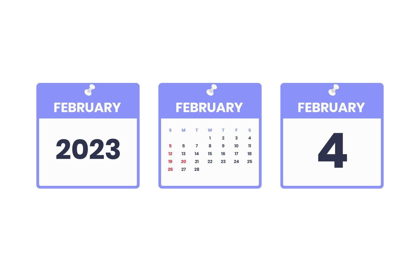 February calendar design. February 4 2023 calendar icon for schedule, appointment, important date concept vector