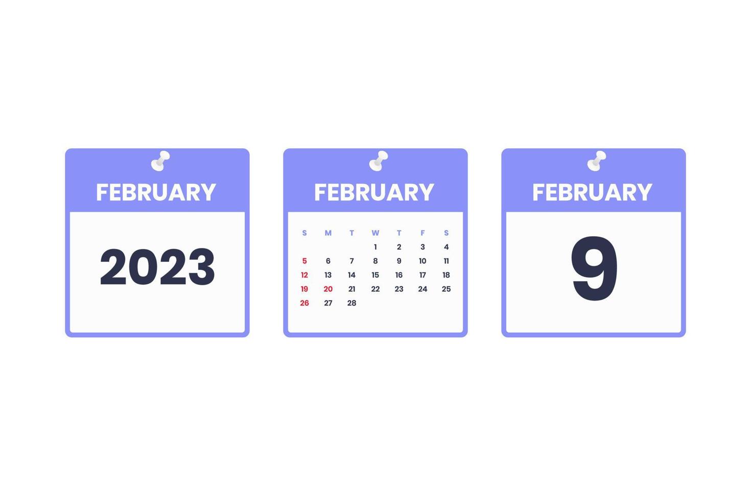 February calendar design. February 9 2023 calendar icon for schedule, appointment, important date concept vector