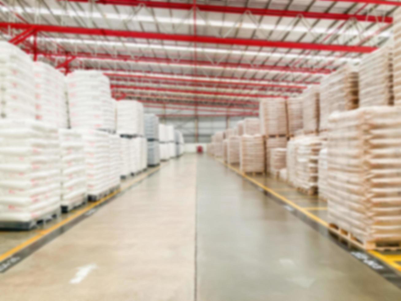 Blurred defocus shot inside of logistic warehouse. with well organize pallet at big bag ready to load for transport. With copy space area for text ideal for background. photo