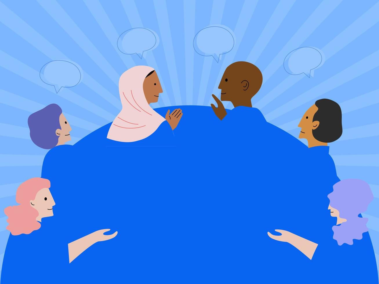 Background of talking people around the world, friendship and community concept. Flat vector illustration.