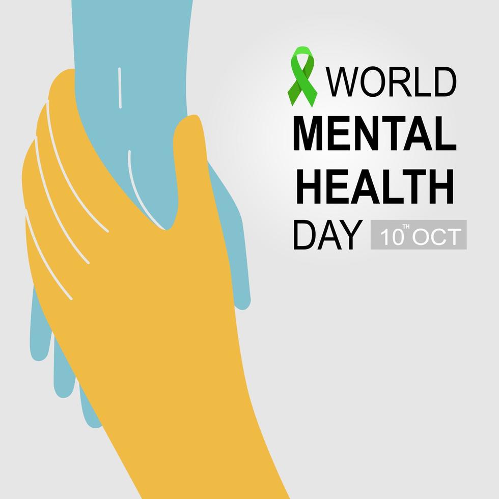 pancarta del día mundial de la salud mental, dos manos juntas para firmar ayuda. diseño para pancarta y afiche. ilustración vectorial plana. vector