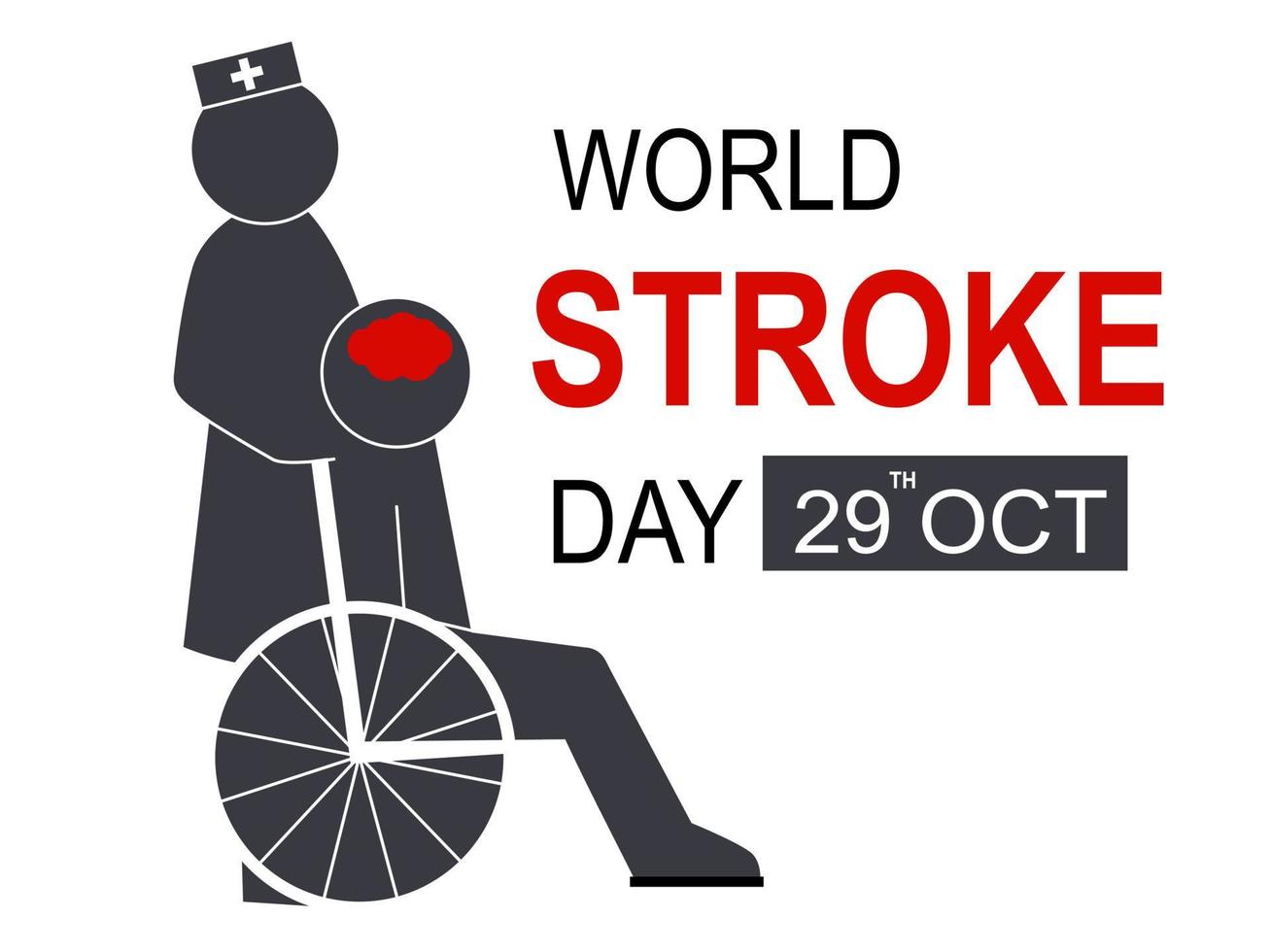 World stroke day banner, silhouette of stroke patient on wheelchair with nurse on white. Design for banner and poster, flat vector illustration.