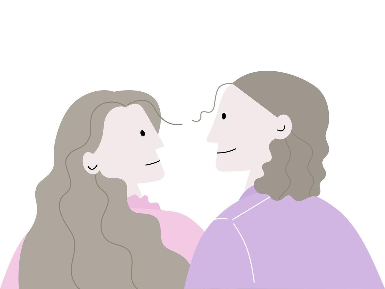 pareja de personas de pie junto con emoción romántica, concepto de día de San Valentín, ilustración de vector plano sobre fondo blanco.