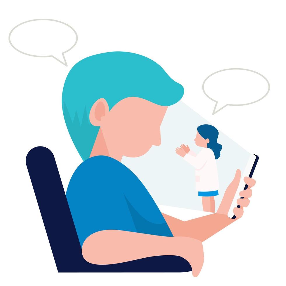 A man talking and get diagnosis from doctor through tablet at home, flat vector illustration.