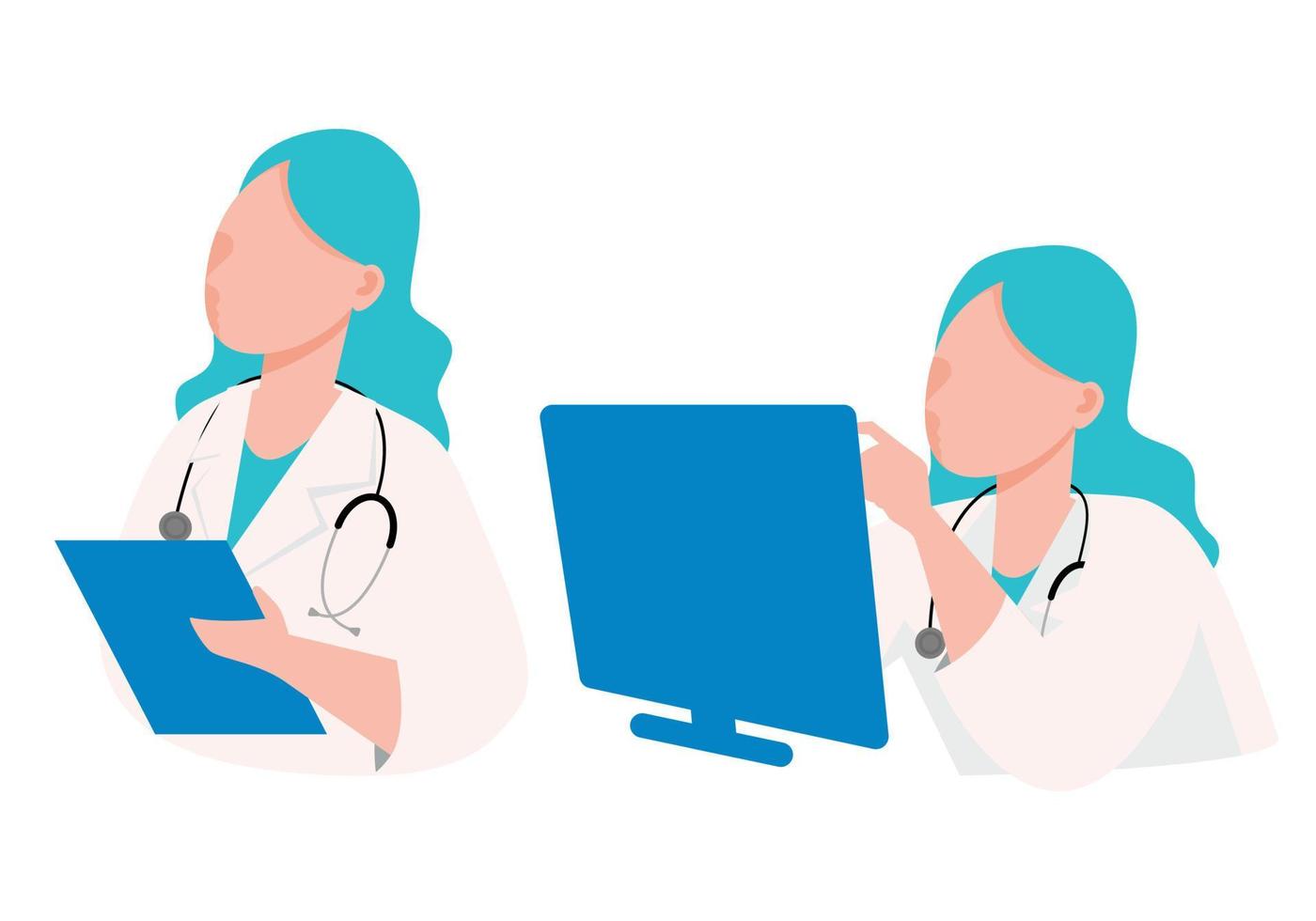 Female doctor with stethoscope looking at her laptop, flat vector illustration.