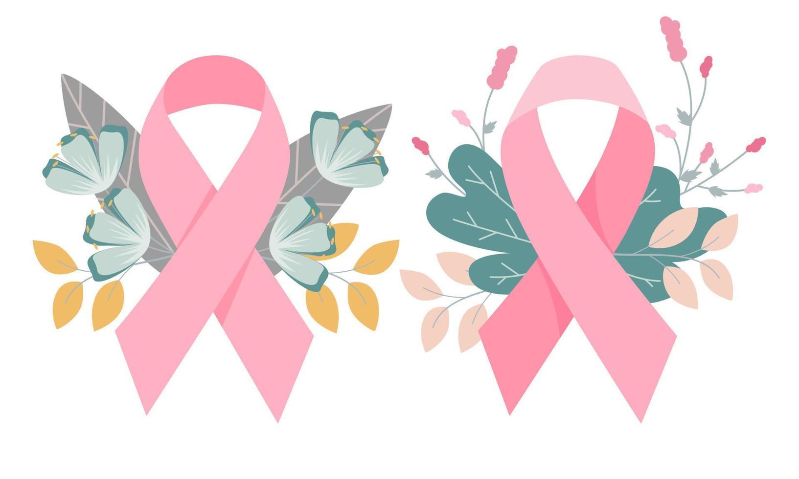 cintas y flores de cáncer de mama para pancarta o afiche, concepto del día del cáncer de mama. símbolos vectoriales planos. vector