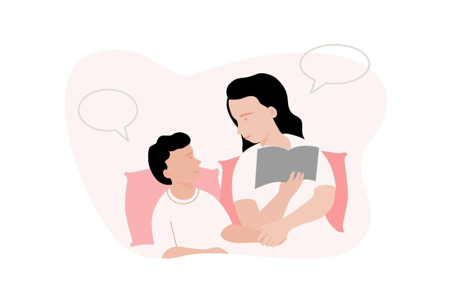 Mother and son talking at bedtime, talk therapy concept. flat vector illustration.