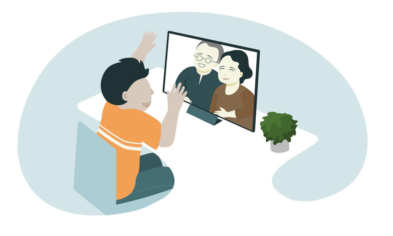 People video communication using laptop. Family talking online at home, online communication concept. flat vector illustation.