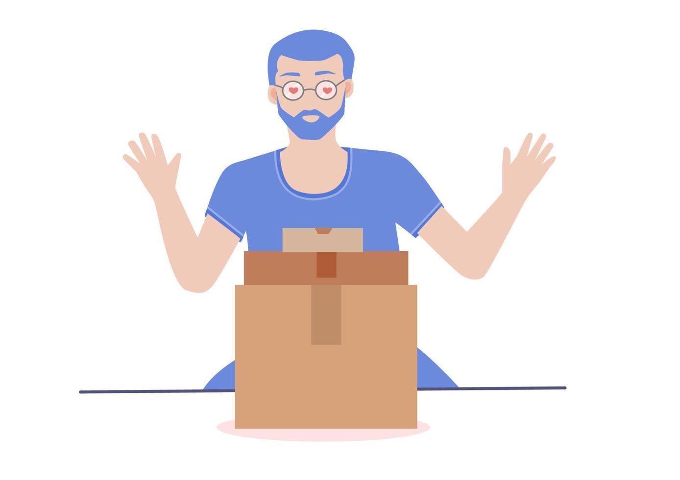 un hombre feliz emocionado con algunas de las cajas de paquetes. concepto de compras y entrega en línea. ilustración vectorial plana. vector