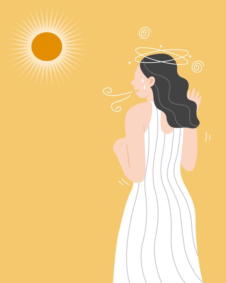 una mujer parada bajo la luz del sol cuando hace calor y tiene dolor de cabeza, sin aliento, mareos y dolor en el pecho. concepto de insolación. ilustración vectorial plana. vector