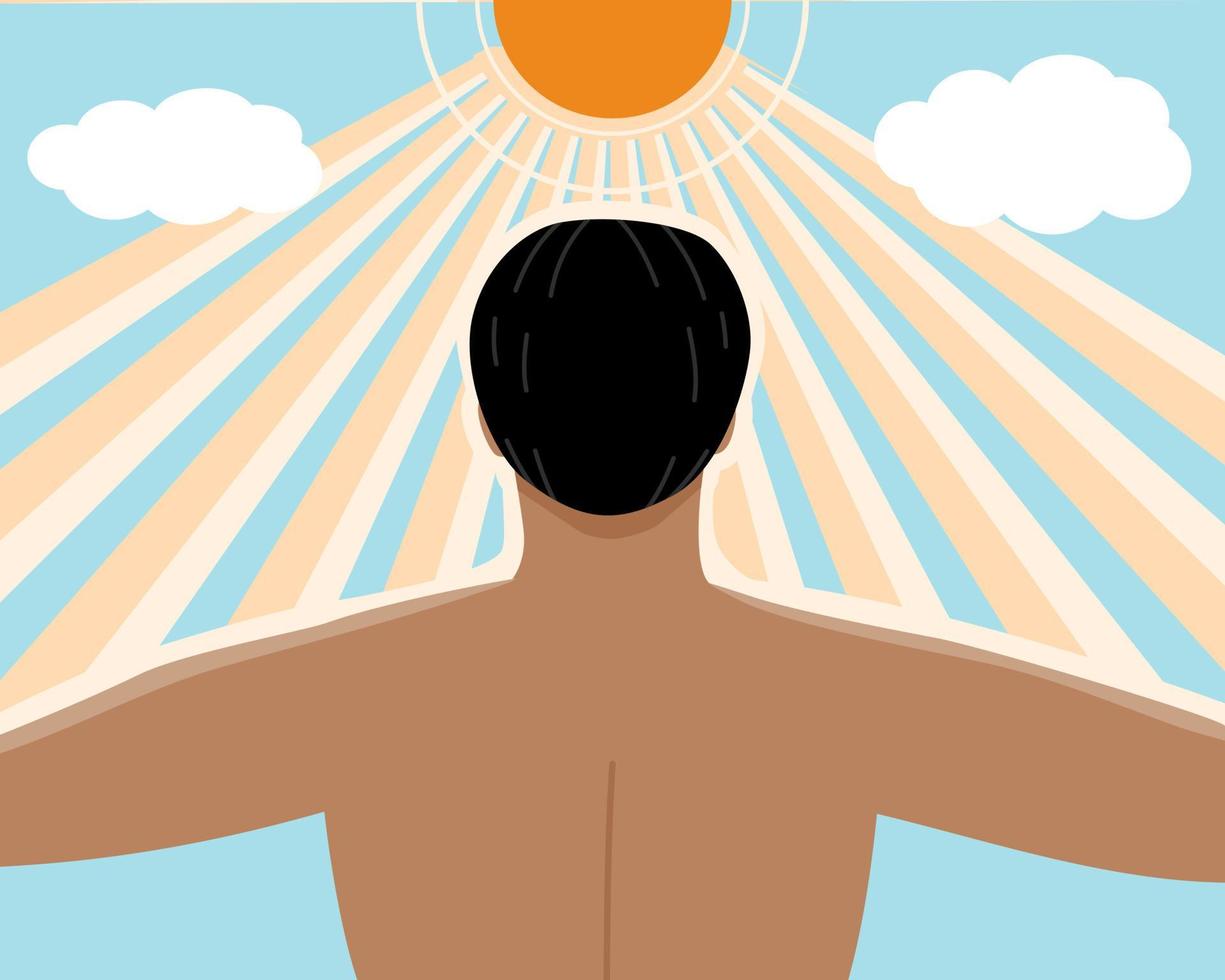 Behind view tan skin man under the sunshine for get more vitamin D from the sun light, healthy lifestyle concept. flat vector illustration.