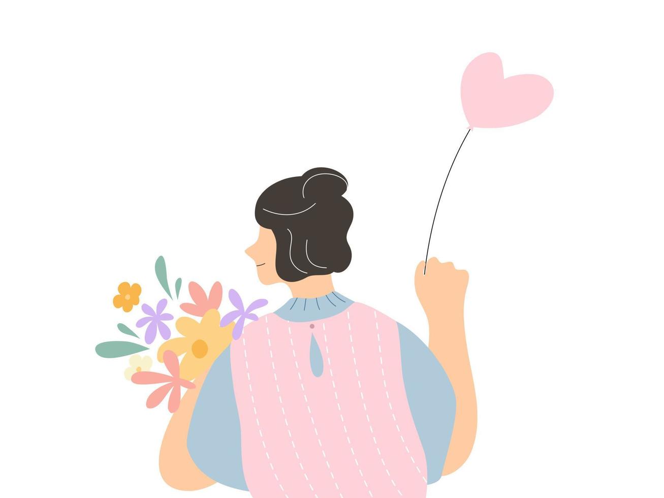 Behind view of lovely woman holding some flowers and heart shape balloon.  Design for love concept and valentine's day. Flat vector illustration.