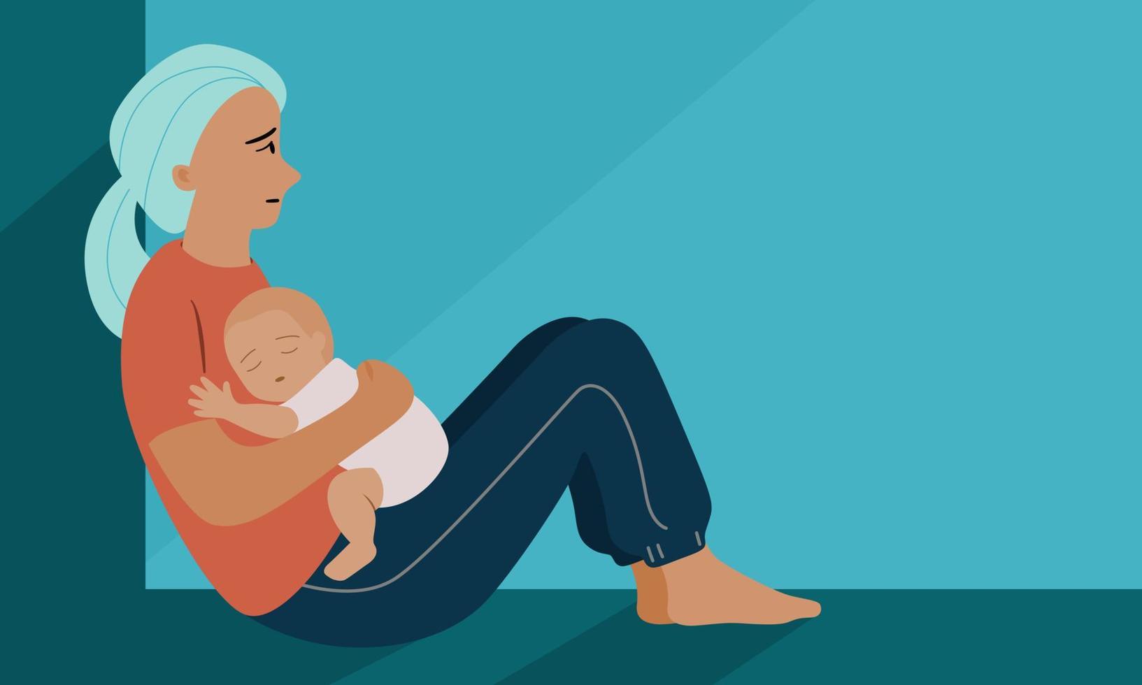 Fatigue mother sitting and hold her baby at home. Postpartum Anxiety and depression concept, flat vector illustration.