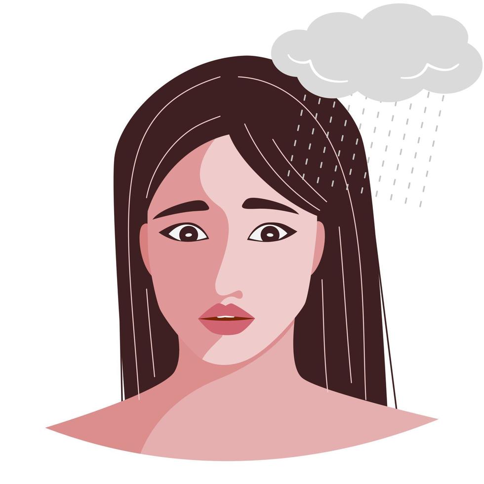 Top body of stressed woman, worring woman face, she is nervous and anxious. Anxiety and depress concept. Flat vector illustration.