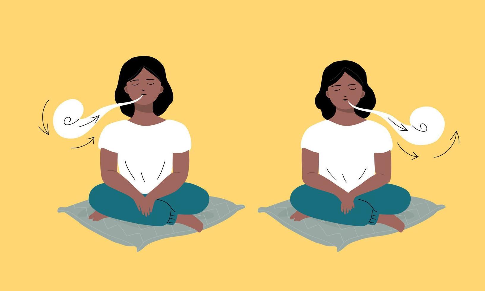 mujer haciendo meditación en casa y ejercicio de respiración, concepto de amor propio. ilustración vectorial plana. vector