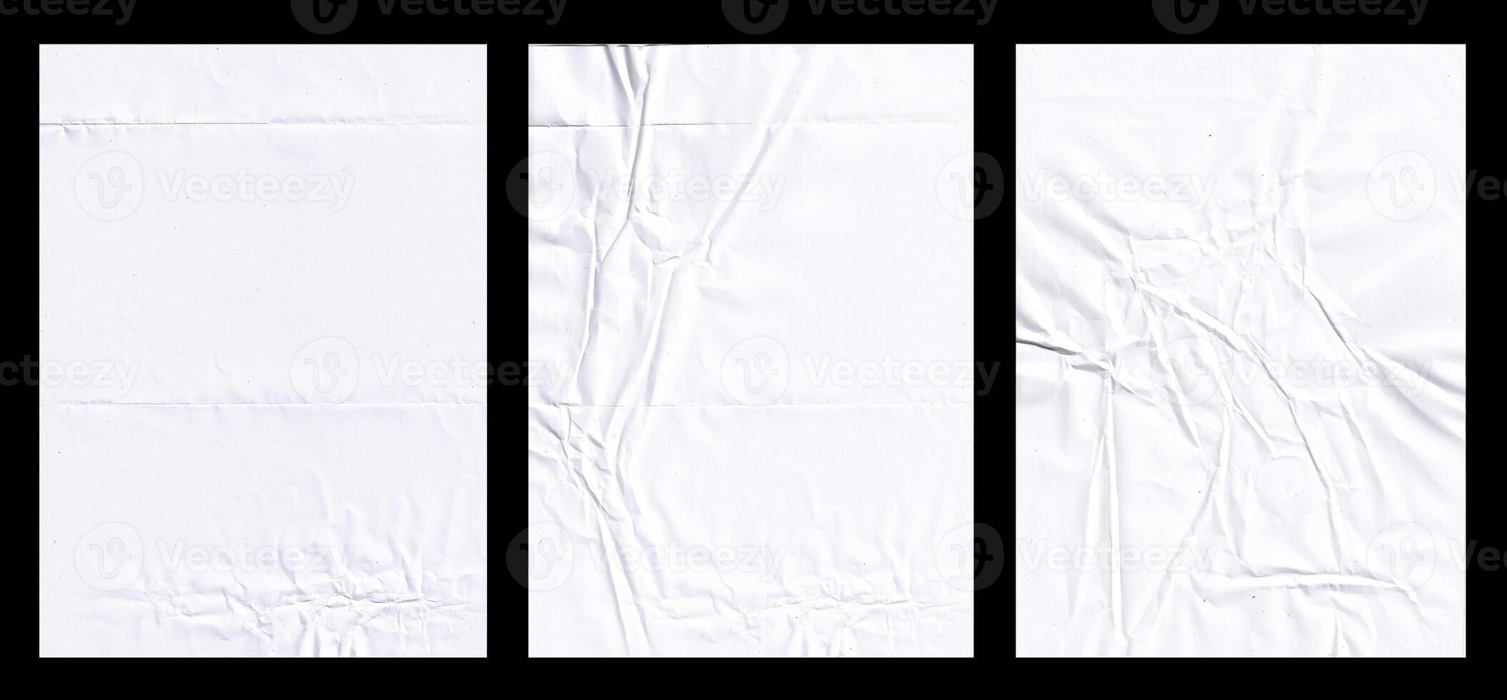 Set of blank white glued paper for poster texture overlay. Crumpled and wrinkled pattern for background. Collection of matted wet paper for mockup posters, flyer, brochure, and banner design photo