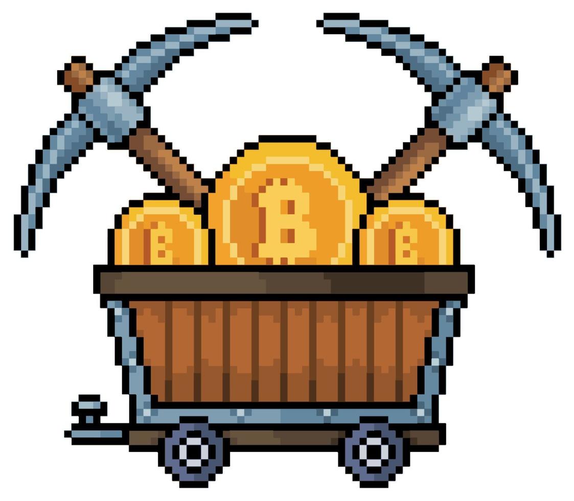 Pixel art cart with bitcoin and pickaxes vector icon for 8bit game on white background