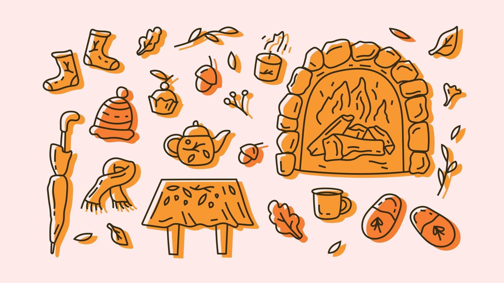 Collection of drawn Cozy Autumn Elements. vector