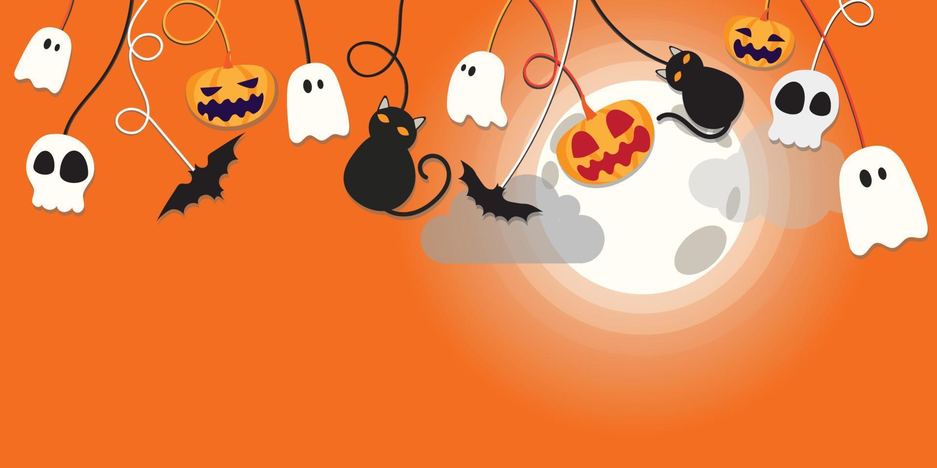 Happy Halloween banner or party invitation background with night clouds and pumpkins in flat style.Flag Halloween color. Vector illustration. Full moon in the sky and flying bats.