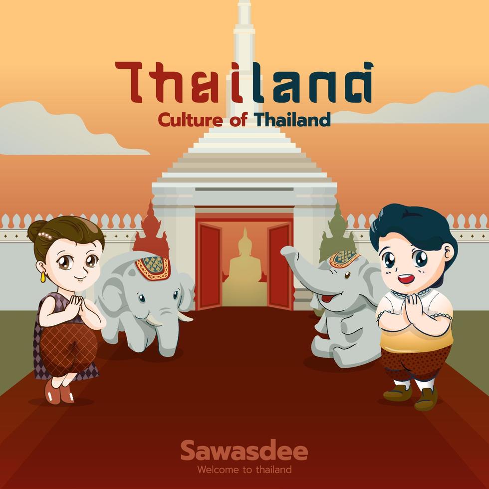 Sawasdee greeting culture of thailand cute cartoon couple of kids character and elephant vector illustration