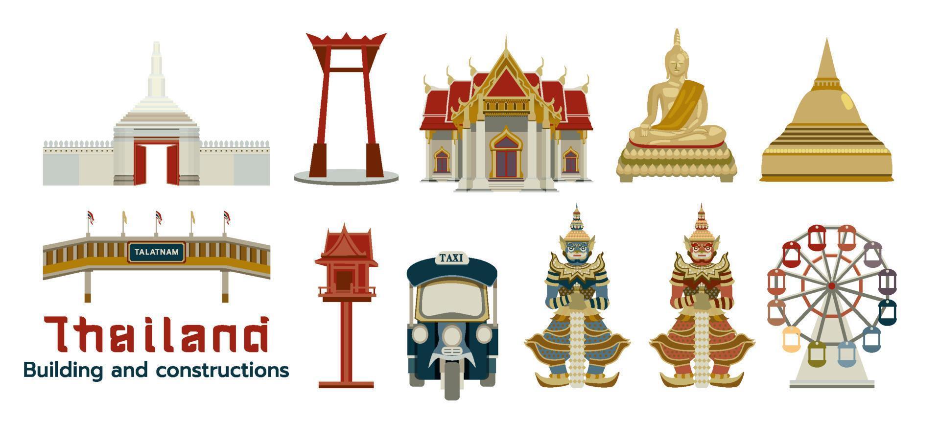 Set of thailnd building and constructions element flat vector illustration with earth tone color.