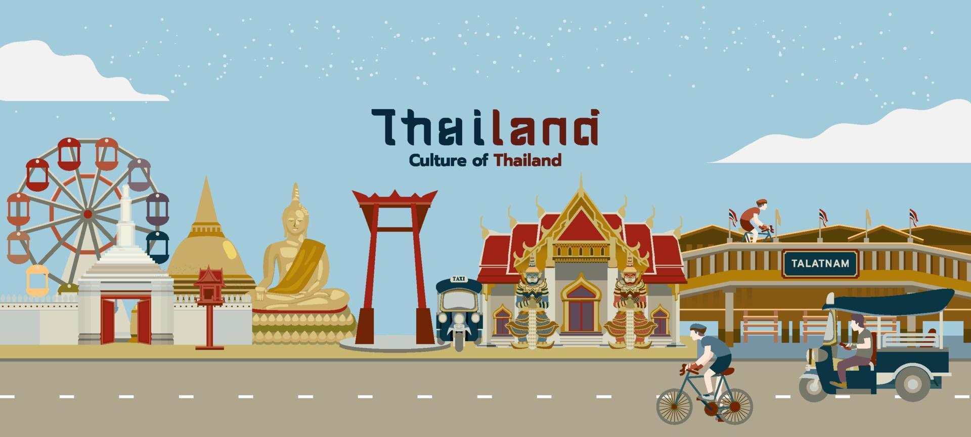 conjunto de edificios y construcciones tailandeses viajan en bicicleta tuktuk elemento ilustración vectorial plana. vector