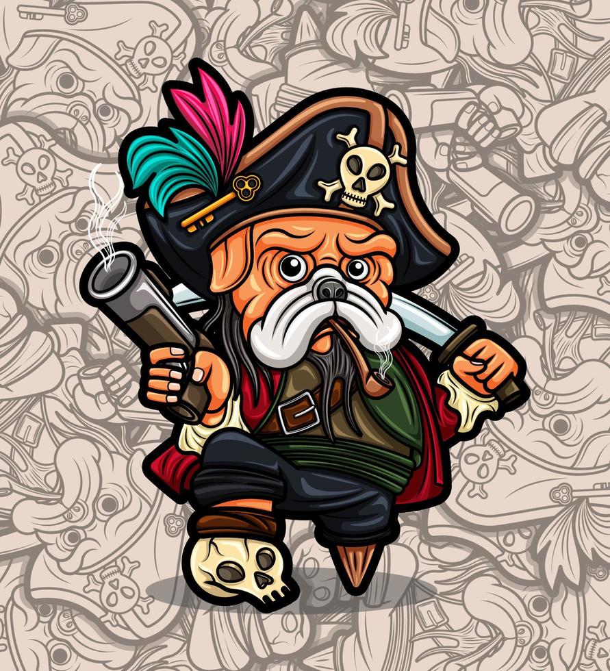 lindo perro pug pirata con pistola y espada ilustración vector