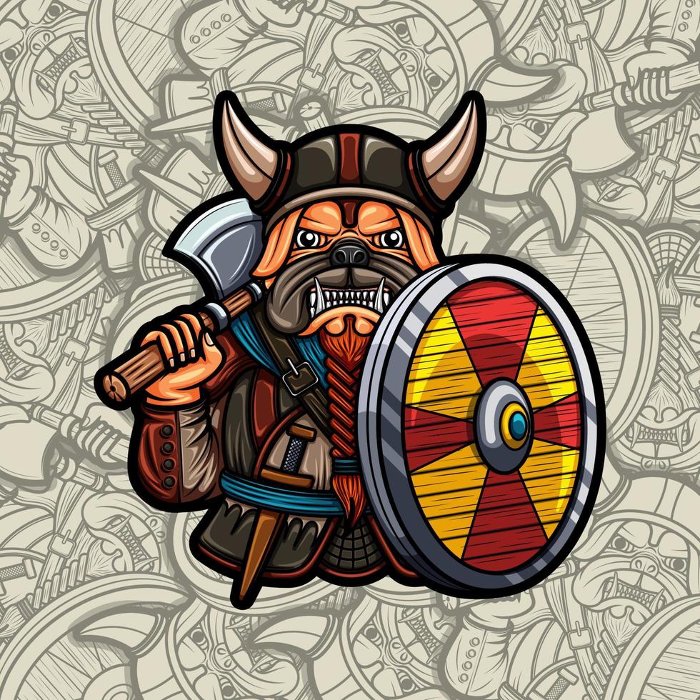 lindo perro pug vikingo con escudo y hacha ilustración vector